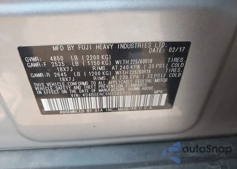 2017 Subaru Outback 3.6R Limited из США, поврежденный, VIN 4S4BSENC6H3345123